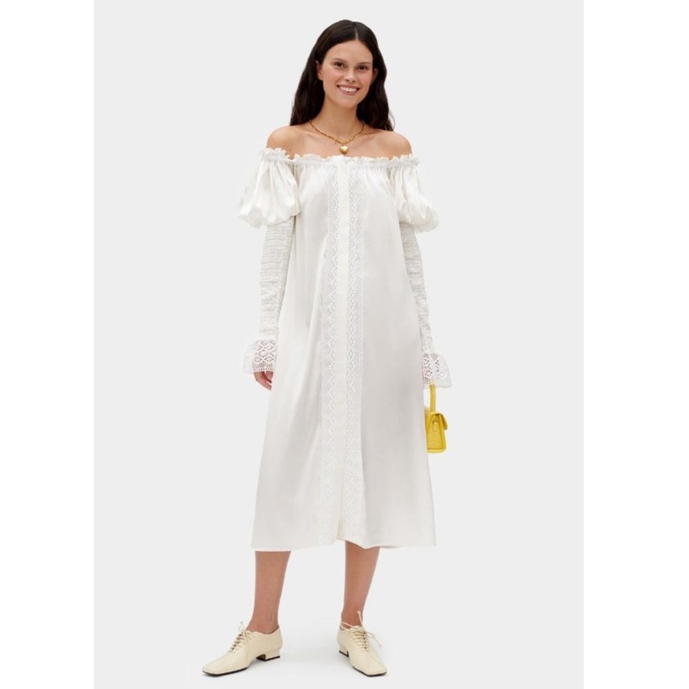 Sleeper Womens Pearl White Opera Silk Lounge Dress Puff Sleeve Midi Lace sz S ns